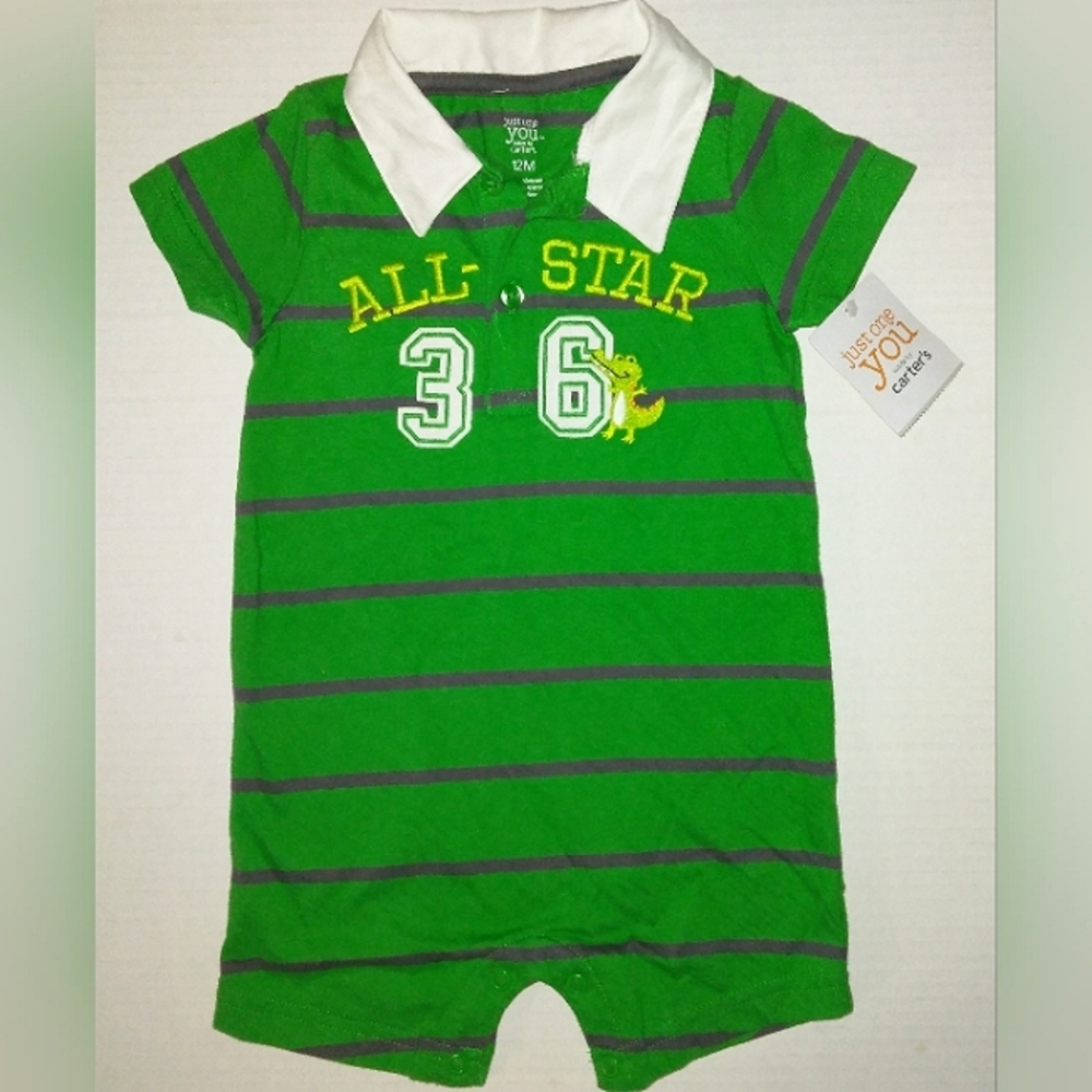 ☆NWT☆Beautiful Boys Polo Style Green/Gray Short Romper☆Carter's J.O.Y☆12mo